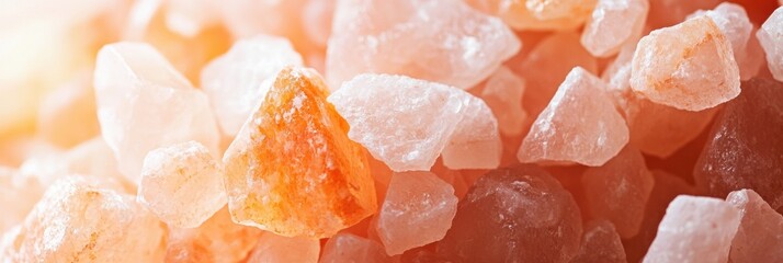 Himalayan pink salt crystals arranged artistically showcasing their rich colors and textures under warm light in a decorative setting