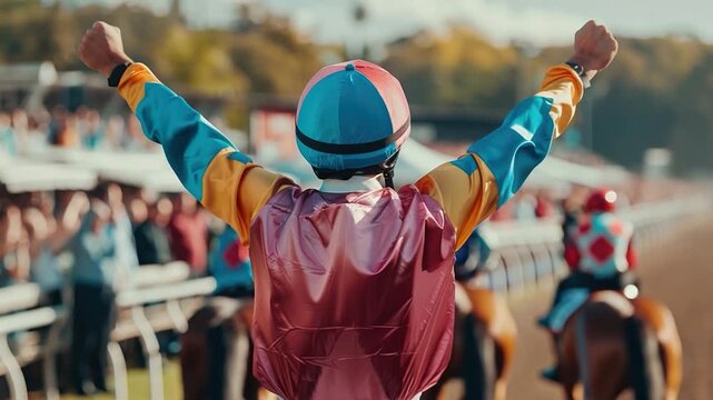 A jockey throws his arms up in triumph after winning a horse race