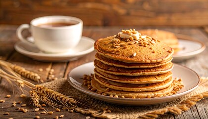 Stacked pancakes with a cup of tea
