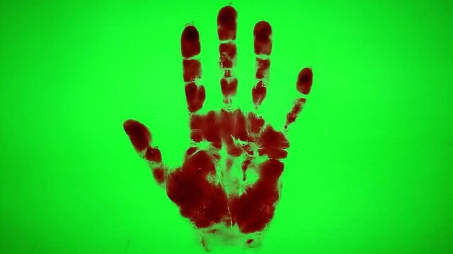 A realistic bloody handprint isolated on a bright green chroma key background.
