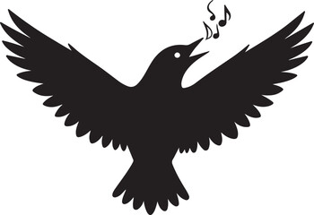Obraz premium Black bird singing musical notes open wings silhouette