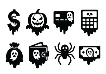 Spooky halloween finance icons: dollar, pumpkin, credit card, and more