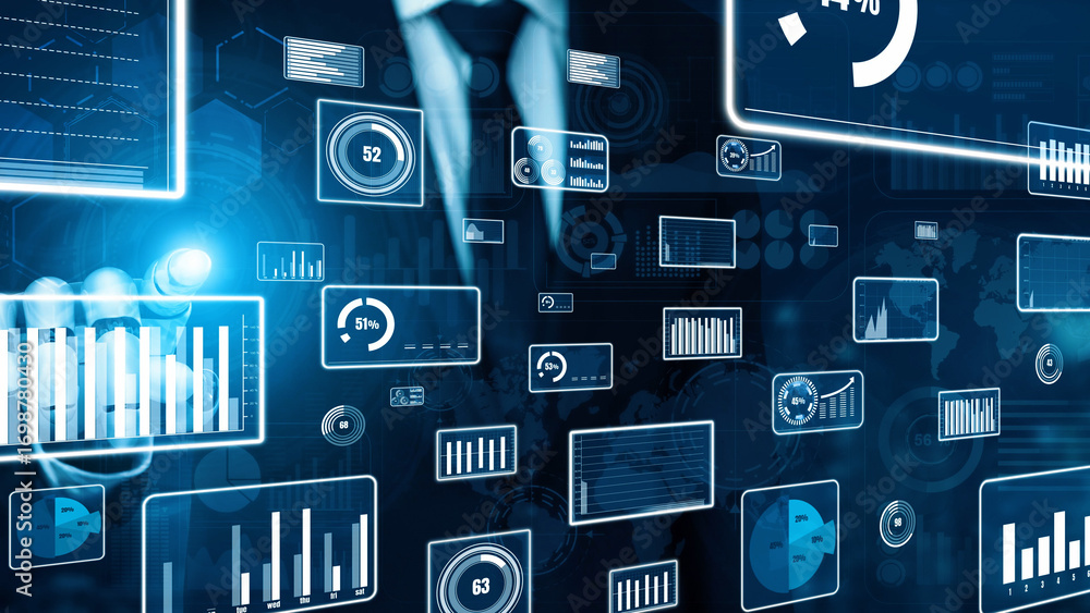 Poster dynamic digital interface showcasing graphs and data visualizations ideal for business analysis, tec
