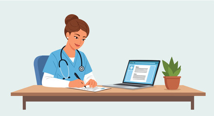 Female Doctor Working on Patient Records in a Clinic Office