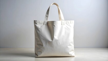 A plain white reusable tote bag stands upright on a light surface against a blurred white background.