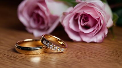 Two golden wedding rings lying near pink roses on wooden table