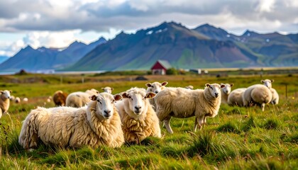 Obraz premium Sheep grazing in a meadow, mountains in the background