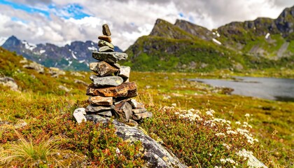 Stacked rocks in a scenic landscape