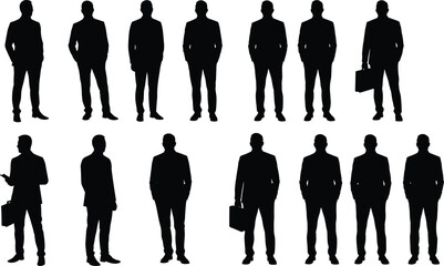 Silhouettes of business men standing, formal posture, professional male characters, suit and briefcase, corporate office worker concept, isolated vector illustration.