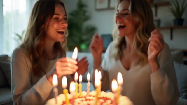 Handheld low angle view shot, Two cheerful women celebrate birthday together