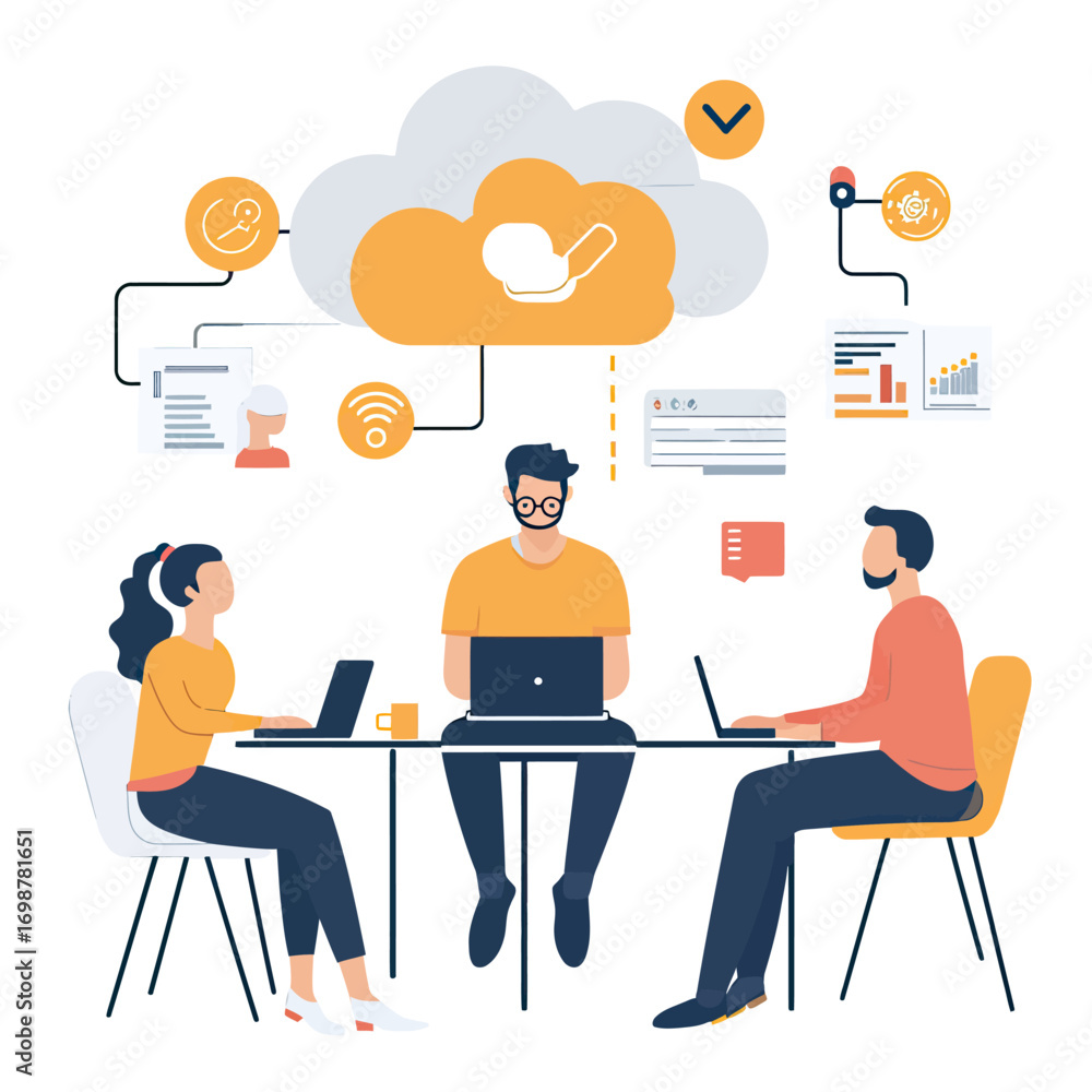 Poster remote teamwork collaboration with three diverse professionals using laptops connected to cloud tech