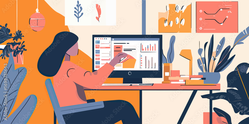 Poster woman analyzing data charts on computer monitor in modern office workspace with plants and wall grap