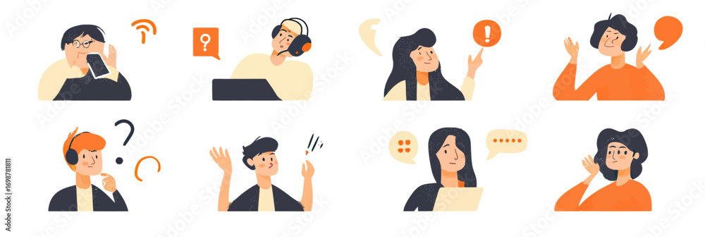 Poster customer support team and clients communicating through phone and chat in flat minimalist style with