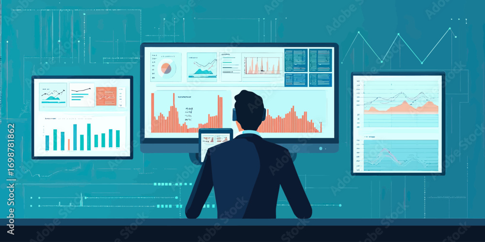 Poster businessman analyzing financial data on multiple digital screens with charts graphs and analytics da