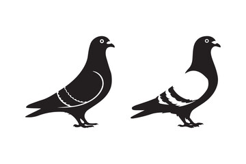 Two black silhouette pigeons facing opposite directions