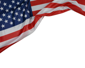 Close up of the american flag waving with stars and stripes against a black background isolated on transparent background