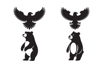 Silhouettes of two bears standing beside two eagles