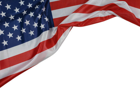 Close up of the american flag waving with stars and stripes against a black background isolated on transparent background