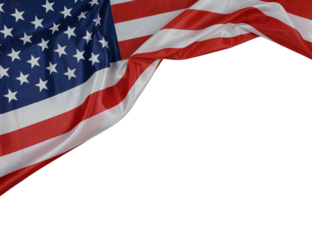 Close up of the american flag waving with stars and stripes against a black background isolated on transparent background