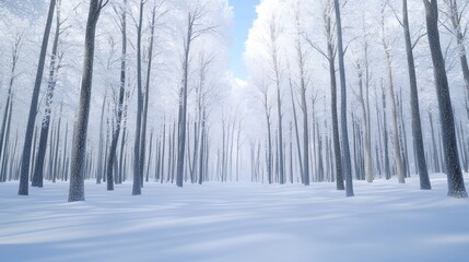 Fototapeta premium A captivating view of a forest blanketed in snow, showcasing the quiet beauty of winter