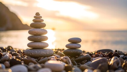 Stacked stones at sunset on beach