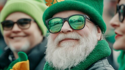 A joyful man in green attire celebrates St. Patrick's Day with friends, embodying festive spirit