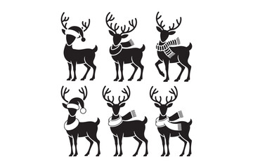 Naklejka premium Collection of festive reindeer silhouettes with winter accessories