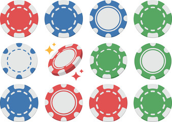 Colorful poker chips, casino game tokens, gambling vector illustration, betting clipart, gaming design elements, red blue green chips