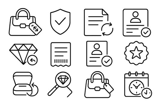 Luxury Goods Exchange Icons. Line style icons of luxury goods exchanges: designer bag with exchange tag, authenticity check badge,