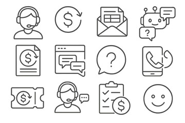 Customer Support Icons. Line style icons of customer support for refunds: support agent with headset, refund inquiry icon, email