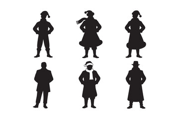 Silhouettes of people in festive winter clothing and santa hats