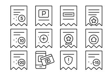 Loyalty Receipt Icons. Line style icons of receipts with loyalty points: reward points summary on receipt, loyalty balance section