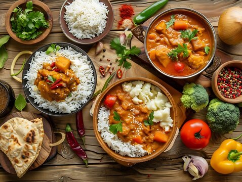 traditional cooked meal on wooden table, rice, curry, vegetables, warm lighting, immersive appeal, realistic textures, high quality stock photo JPG