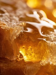 Golden honey dripping from a honeycomb with glistening textures and bubbles captured in close-up during daytime