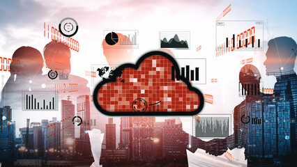 A diverse group of business professionals engages in a collaborative effort within a modern cityscape, enhanced by cloud computing visuals and data analytics. Xenic