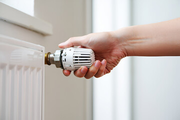 Hand adjusting white radiator thermostat knob image