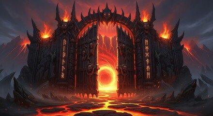 Infernal gateway with demonic architecture leading to a fiery dimension of molten lava and ominous