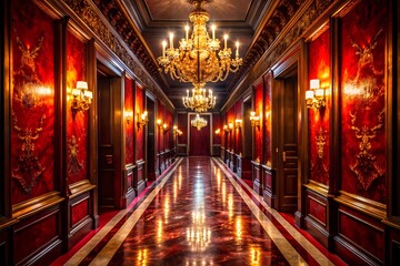 Opulent Hallway with Red Walls and Glistening Floor in a Grand Estate