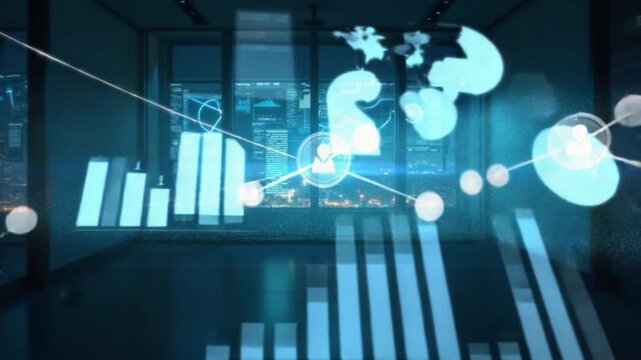 Professional workspace in a multinational enterprise shows an empty dark office after hours, glowing with data insights, forecasting projections and digital charts for business planning.