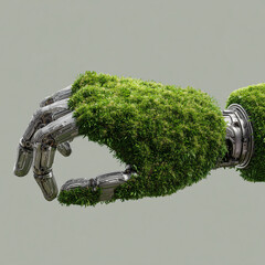 Green technology conceptual design, human arm covered with grass and lush and robotic hand, 3d render