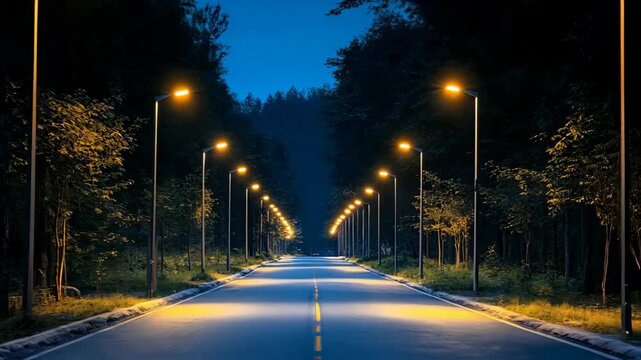 Serene Nighttime Roadway with Streetlights