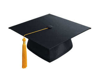 A neat pile of multiple black graduation caps stacked together, each with golden tassels, arranged in a celebratory academic style, isolated on a transparent background