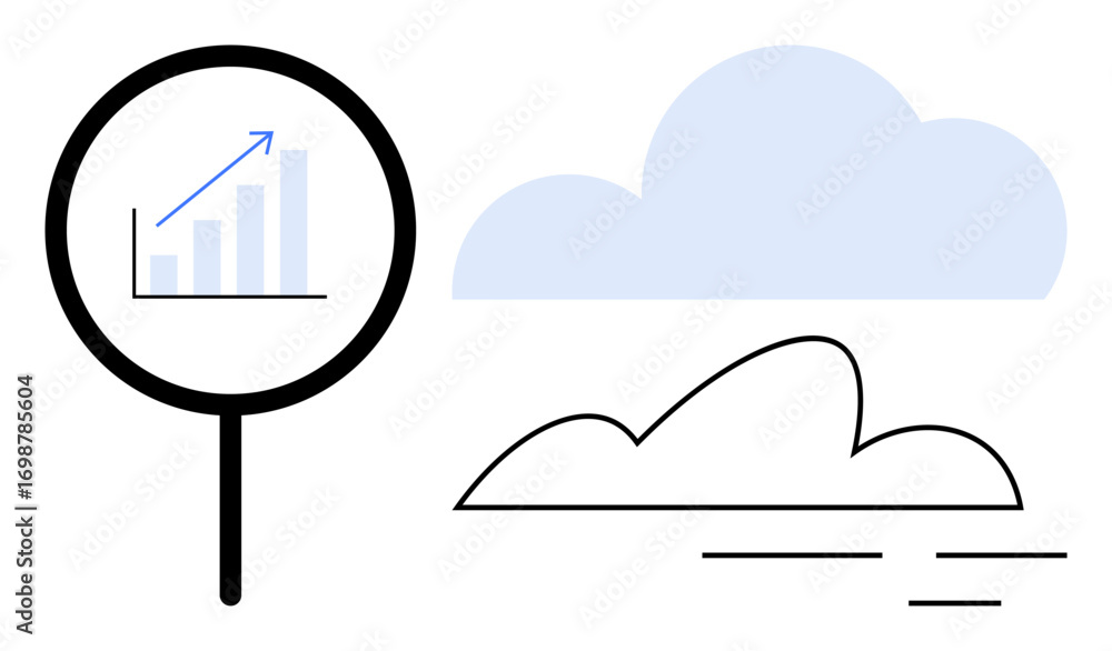 Poster magnifying glass highlighting growth chart next to clouds. ideal for data analysis, progress trackin