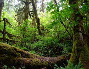 Lush green forest floor with moss-covered trees and ferns