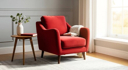 Fototapeta premium Cozy Red Armchair in Stylish Modern Living Room