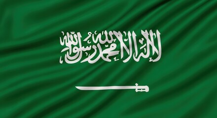 The national flag of saudi arabia waves majestically on a green fabric