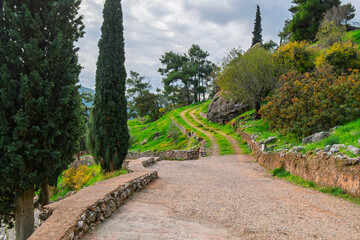 The historic Sacred Way path to the Sanctuary of Apollo at the archaeological site of Delphi Greece, on the slopes of Mount Parnassus.