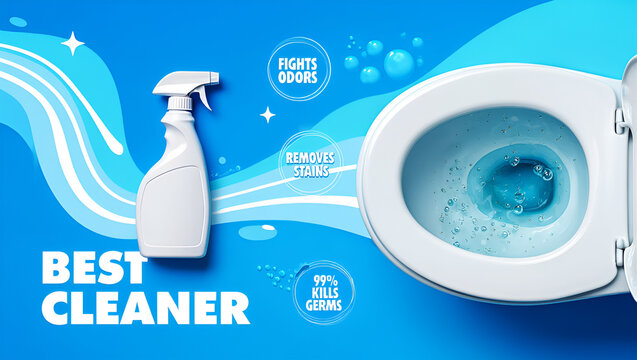 White spray bottle beside toilet bowl with blue water cleaner - Powered by Adobe