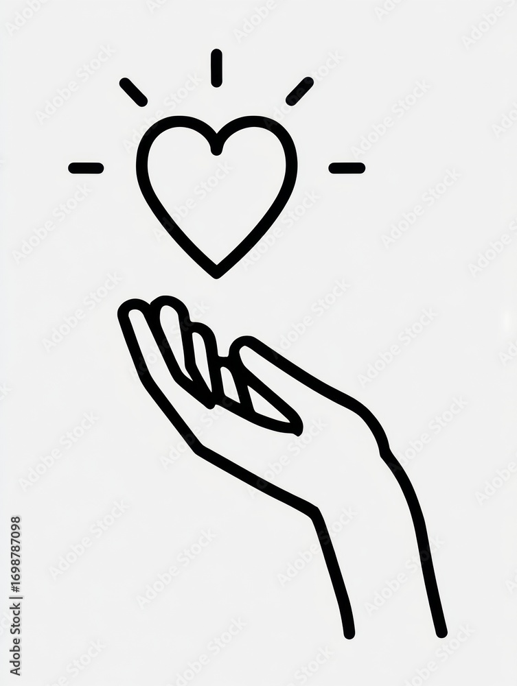 Poster heart symbol floating above an open hand in a minimalist design showcasing love and care for others 
