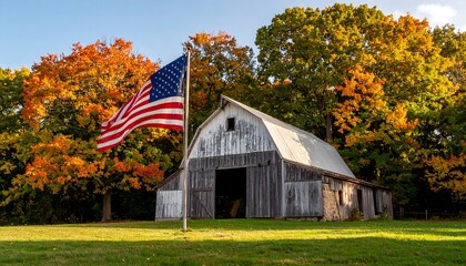 Autumnal barn scene with American flag
